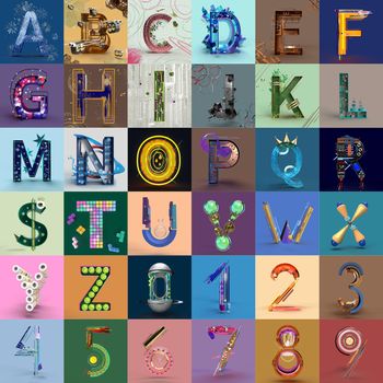 3d alphabet illustration with letters and numbers