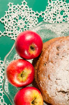 Applesauce raisin rum cake for christmas table. Macro, vertical image