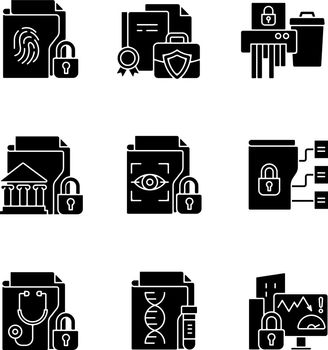 Confidential information types black glyph icons set on white space