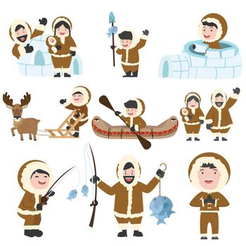 set of eskimos people family cartoon vector