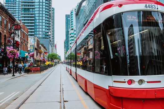 TTC Close view os a streetcar in downtown Toronto's entertainment district. New tram on streets of Toronto. TORONTO, ONTARIO Canada- August 29, 2019