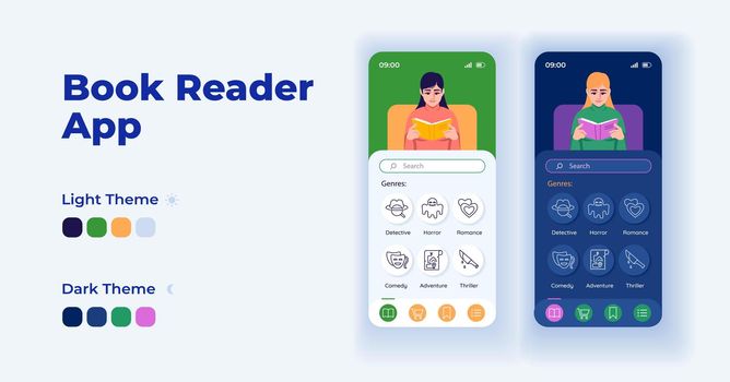 Digital book reader cartoon smartphone interface vector templates set