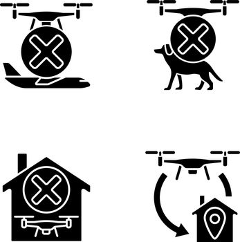 Drone instruction black glyph manual label icons set on white space