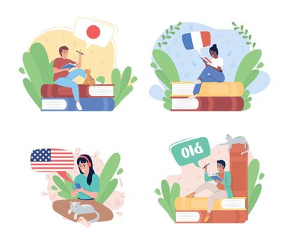 Exciting about learning language 2D vector isolated illustration set