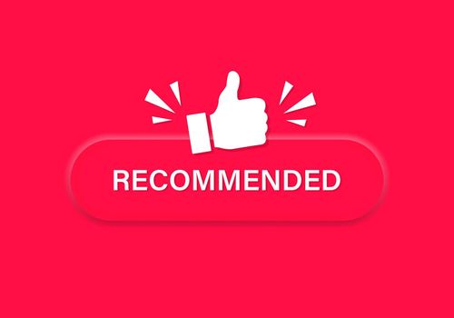Recommend Thumb up emblem. Recommendation best seller sign. Good advice. Recommended sale label on red background in neumorphism style