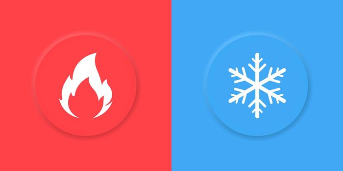 Hot and cold icons. Fire flame and snow snowflake symbols in neumorphism style on red and blue backgrounds. Vector EPS 10