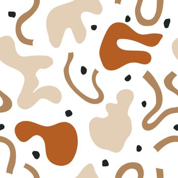 White seamless modern pattern with beige abstract spots and lines