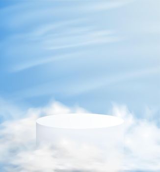 Abstract minimalistic background with a pedestal in the clouds. Empty podium for product demonstration with blue sky on background.