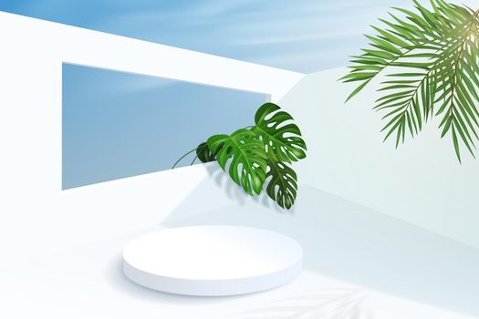 Minimalistic background with cylindrical empty pedestal with walls and tropical plant leaves. Platform for displaying a product in summer on a sunny day.