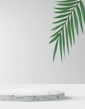 Abstract background in minimal style with marble platform. Empty realistic podium for cosmetic product showcase with palm tree on background.