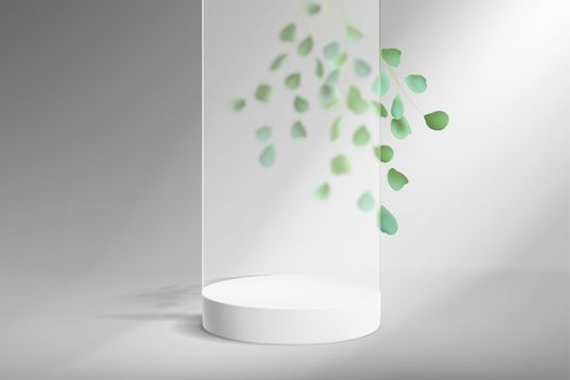 Abstract minimalistic background with empty pedestal for product demonstration and glass with leaves.