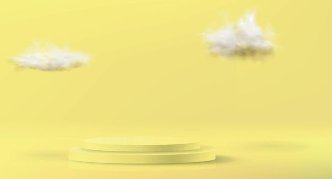 Minimalistic background in pastel yellow colors. Mock up with an empty podium to showcase a cosmetic product.