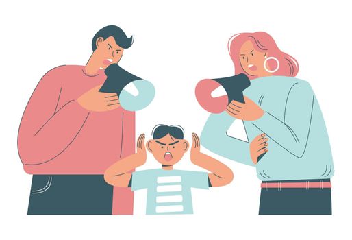 Angry dad and mom screaming through megaphones scolding his son, flat vector illustration. Parent and child conflict.