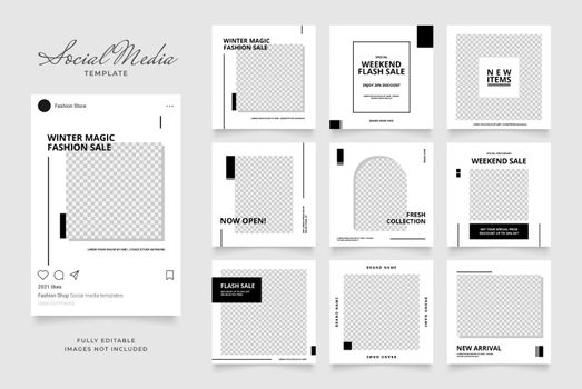 social media template banner fashion sale promotion. fully editable instagram and facebook square post frame puzzle organic sale poster. black white vector background. black friday theme