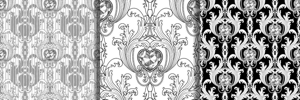Baroque diamond jewelry seamless patterns set. Luxury repeat coloring pages.
