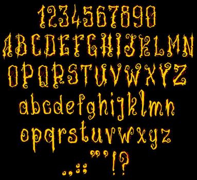 Handrawn gothic yellow fire alphabet font
