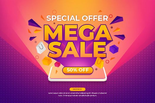 Mega sale banner template with bright phone float items