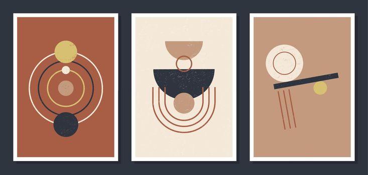 Minimalistic geometric vector art wall posters. Set of minimal 20s geometric abstract contemporary posters vector template boho primitive shapes elements ideal for wall decoration modern hipster style