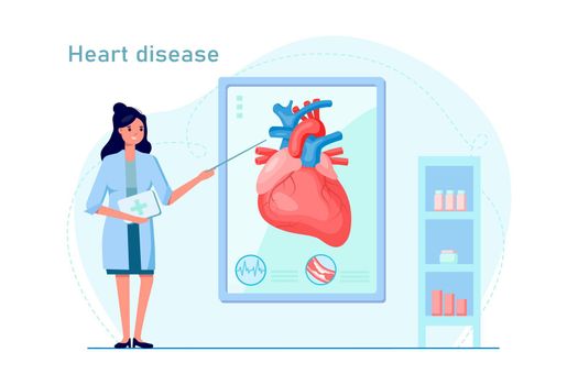 Doctor female explains heart disease with pointer and infographic. Health care and disease diagnostic concept. Vector illustration. Design for banner, web background, flyer