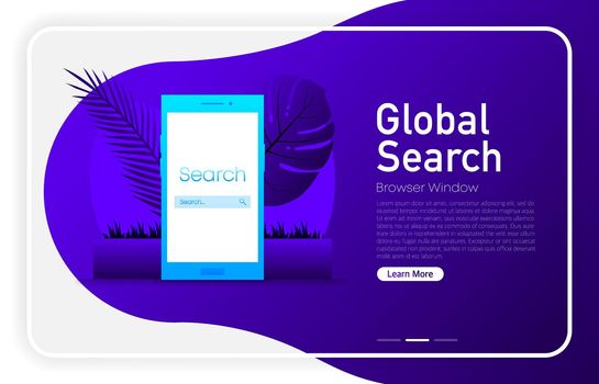 Search system on phone screen on dark gradient color. Browser window. Vector illustration.