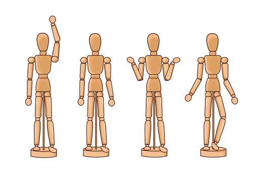 A wooden doll on hinges. A mock-up of a human figure in various poses.