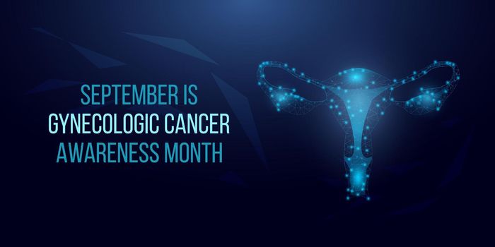 Gynecologic Cancer Awareness Month concept. Banner template with glowing low poly uterus. 