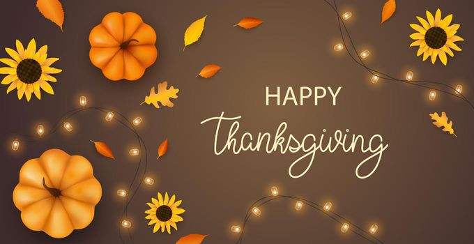 Thanksgiving day banner. Festive background with orange pumpkins, flowers, fall foliage and glowing garland.
