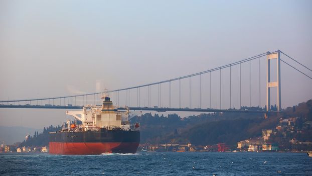 A cargo ship in the Bosphorus, Istanbul, Turkey.