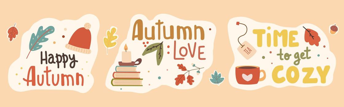 Fall season handwritten slogan stickers pack. Autumn phrases with cute and cozy design elements decorative bundle.
