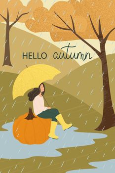Fall landscape. Girl sitting on pumpkin under umbrella. Rainy autumn.