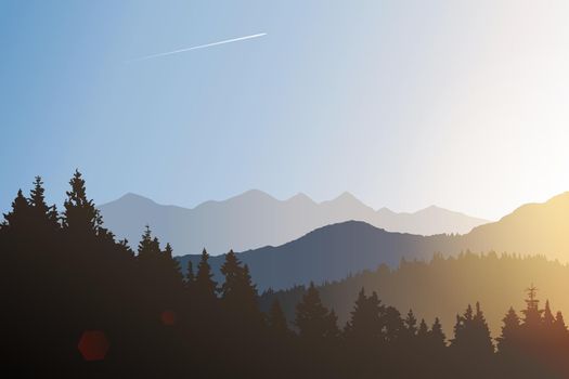 Vector landscape with silhouettes of forested hills and distant mountains at sunrise