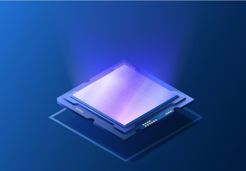 CPU chip isometric illustration. Computer processor component. Semiconductor technology concept. Futuristic microchip core.