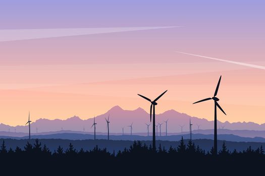 Vector landscape illustration with wind turbines at sunset.