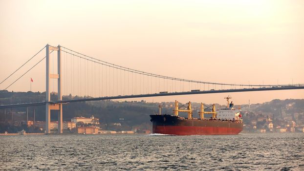 A cargo ship in the Bosphorus, Istanbul, Turkey.