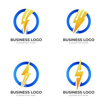 set thunder tech logo, thunder and technology, combination logo with 3d blue and yellow color style