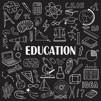 Education. Set of vector hand drawn doodle style elements on black background.