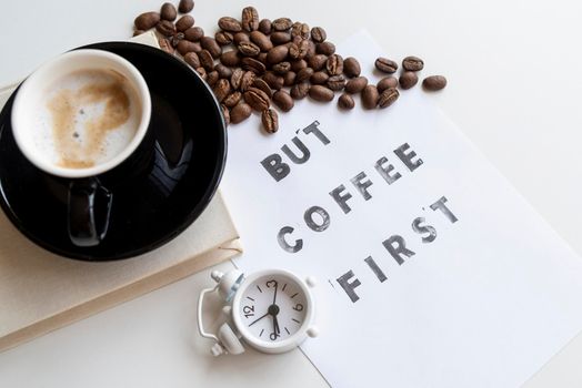 coffee first quote with clock