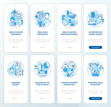 Meal plan and dieting related blue onboarding mobile app page screen set