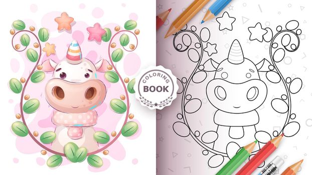 Cartoon character animal childish unicorn in forest - color book