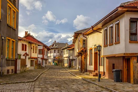A street of the old town, national revival architecture. Tryavna, Bulgaria.