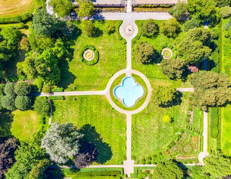 A beautiful aerial view to the part of park and garden in Historic Castle Salem at Lake Constance, Bodensee.