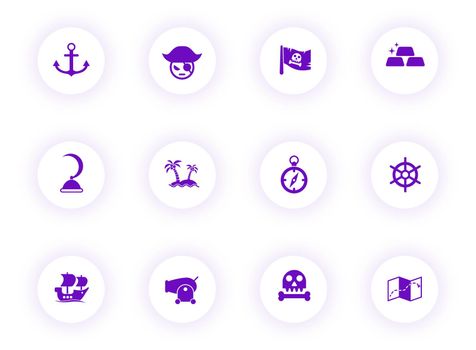 pirates purple color vector icons on light round buttons with purple shadow. pirates icon set for web, mobile apps, ui design and print