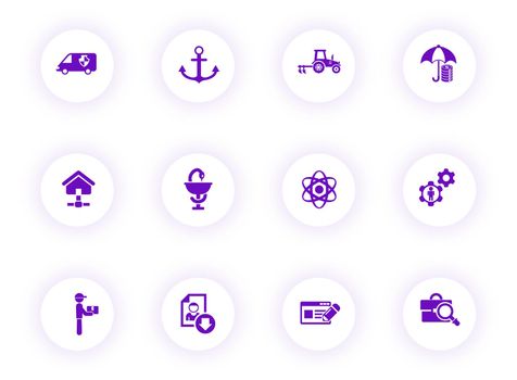 job search purple color vector icons on light round buttons with purple shadow. job search icon set for web, mobile apps, ui design and print