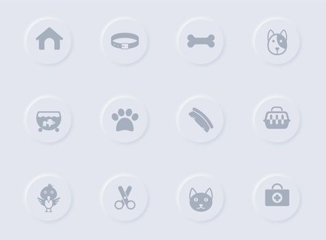 pets gray vector icons on round rubber buttons