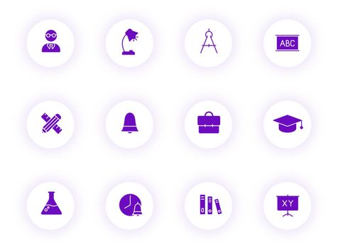 education purple color vector icons on light round buttons with purple shadow. education icon set for web, mobile apps, ui design and print