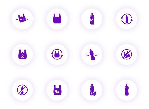 no plastic purple color vector icons on light round buttons with purple shadow. no plastic icon set for web, mobile apps, ui design and print