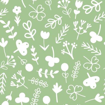 Summer green seamless pattern with flowers and greenery