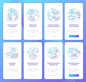Meal plan and dieting related blue gradient onboarding mobile app page screen set