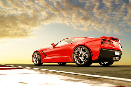Red generic sport car in the sunset