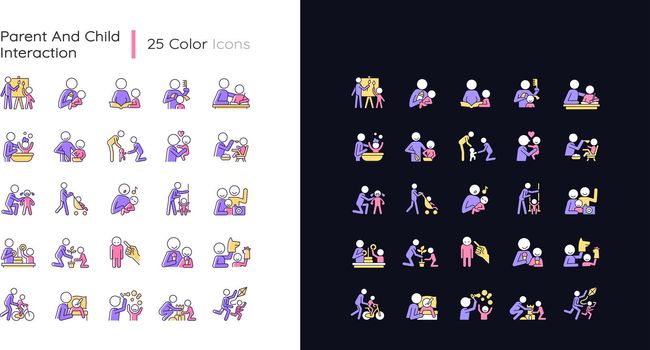 Parent and child interaction light and dark theme RGB color icons set